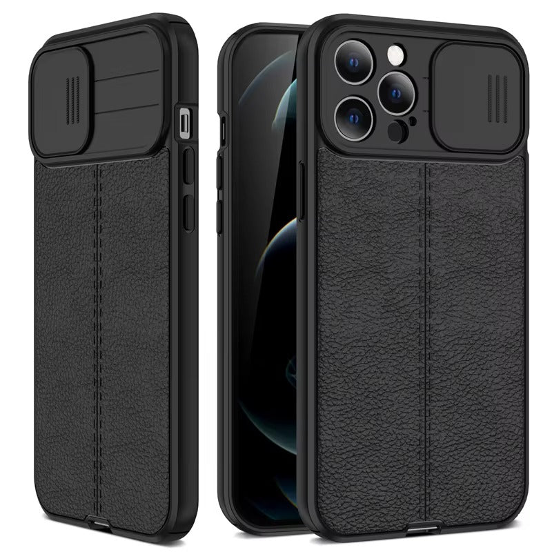 Luxury Leather Texture Apple iPhone Case, MagSafe Compatible, Ultra Thin Magnetic Shockproof Sliding Camera Lens Protector