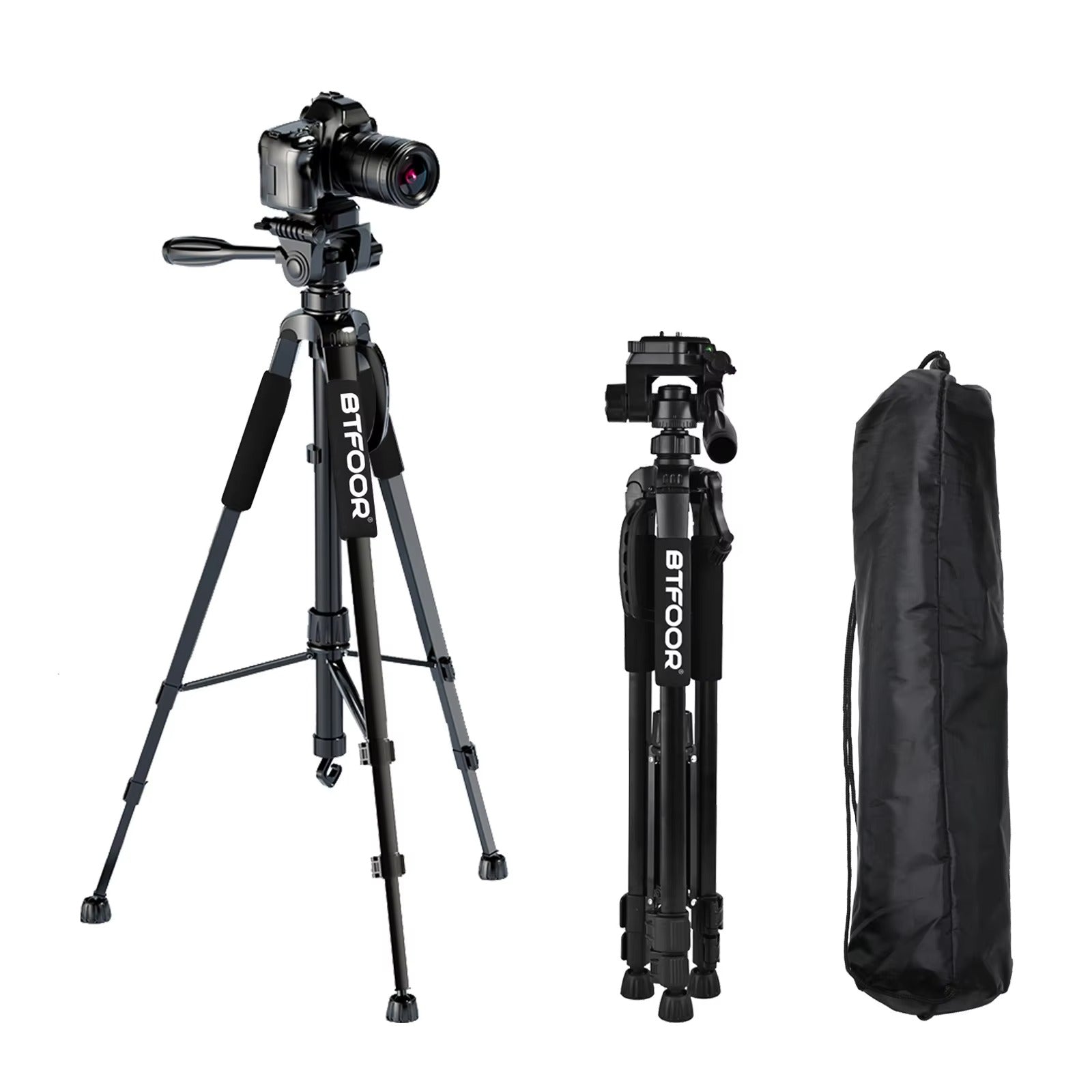 Premium, 55" Aluminum Phone Tripod Stand – 140cm Height, Quick Release Plates, Adjustable Pan Head Mount for Travel