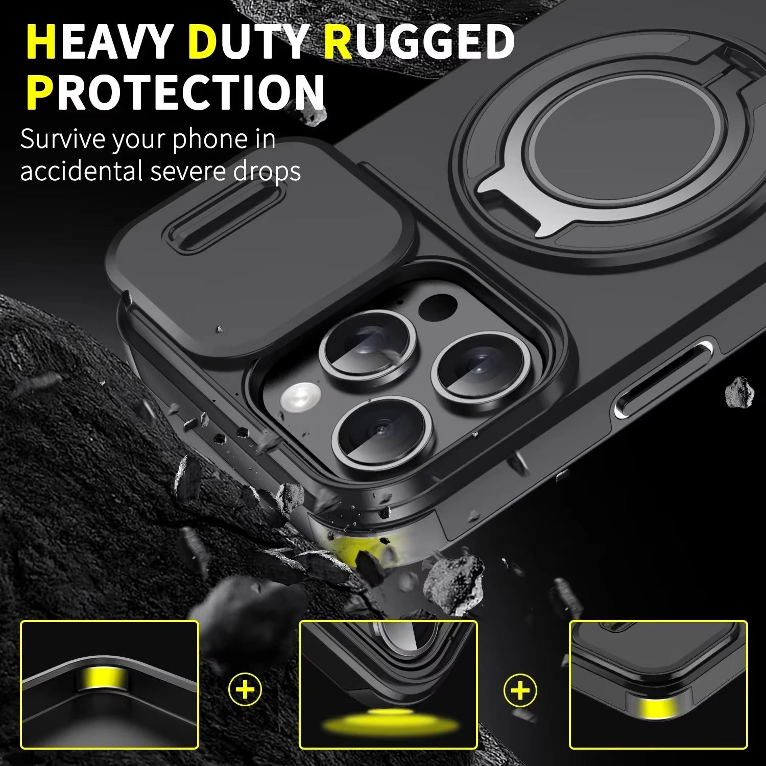 Robust Apple iPhone Case, MagSafe Compatible, Camera Lens and Screen Protection, Ultra Thin, Shockproof, Magnetic, Full All Around Protection, Slide Ring Armor Cover