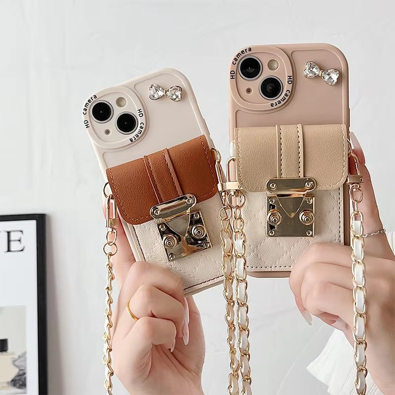 Premium Apple iPhone Case, MagSafe Compatible, Camera Lens & Screen Protection, Ultra Thin, Shockproof, Magnetic Full All Around Cover – Crystal Bow Crossbody Purse Case with Metal Button & Card Holder