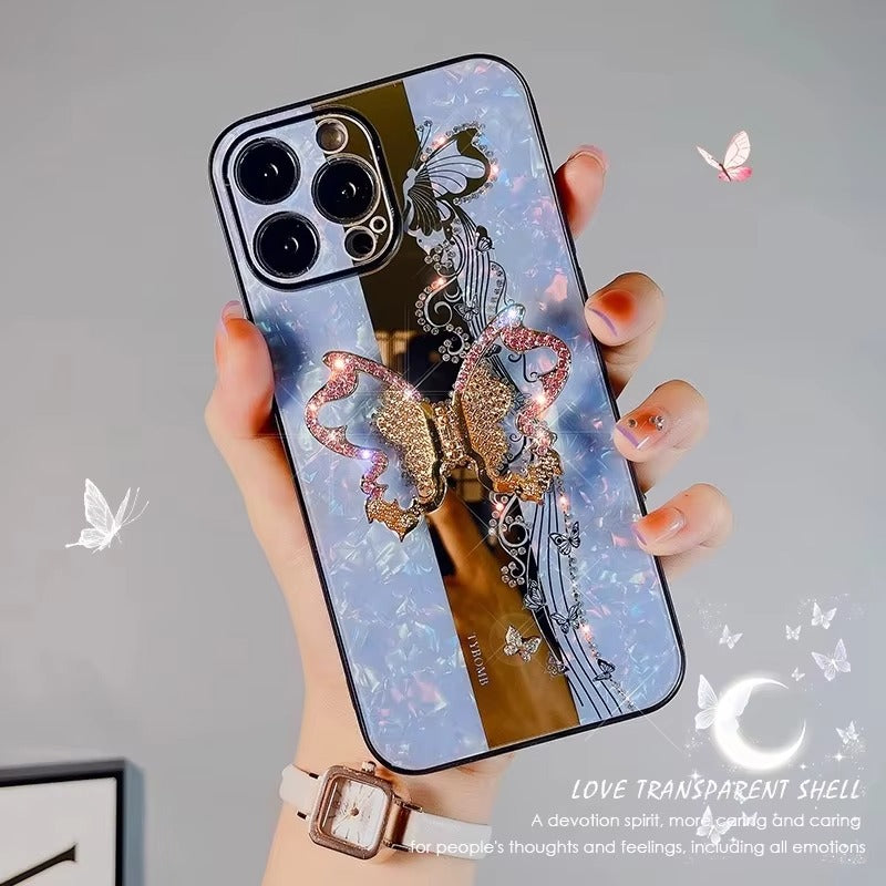 Fashion Apple iPhone Case, MagSafe Compatible, Camera Lens & Screen Protection, Ultra Thin, Shockproof, Magnetic Full All Around Cover – Butterfly Ring Holder Case with Full Shockproof Armor Back for Girls