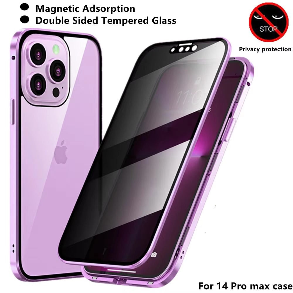 High Quality Apple iPhone Case, MagSafe Compatible, Camera Lens & Screen Protection, Ultra Thin, Shockproof, Magnetic Full All Around Cover – Double Glass Magnetic Case with Anti-Peeping Privacy Screen & Metal Frame Protection