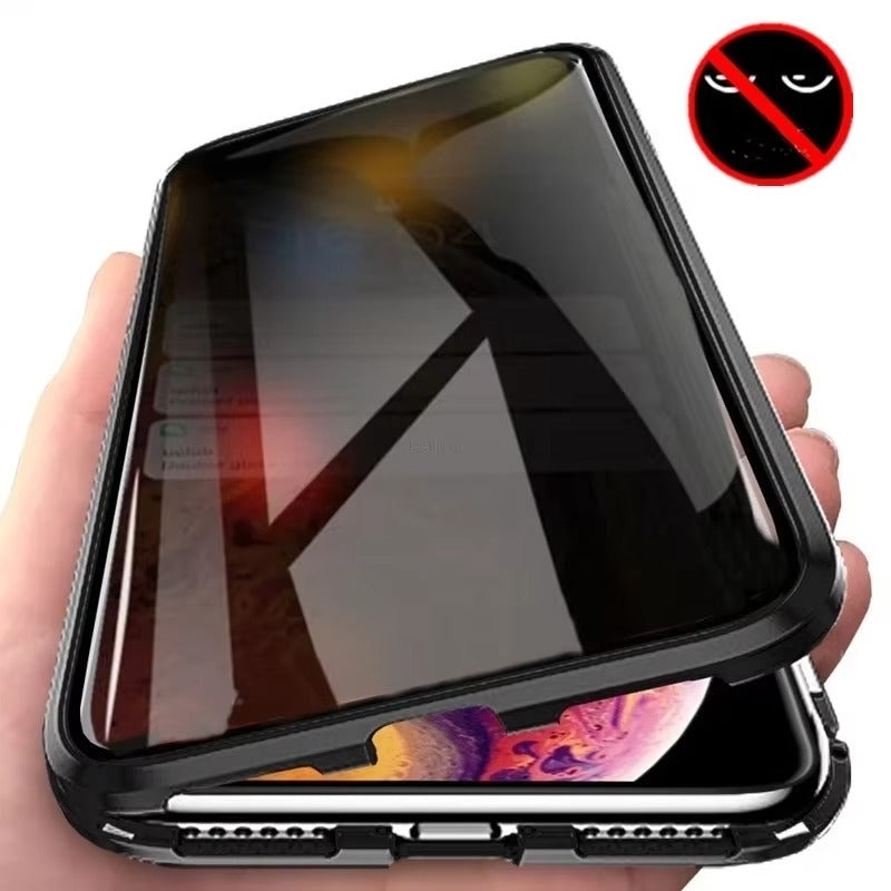 Premium Apple iPhone Case, MagSafe Compatible, Camera Lens & Screen Protection, Ultra Thin, Shockproof, Magnetic Full All Around Cover – 360° Magnetic Metal Case with Tempered Glass Privacy Screen & Anti-Spy Protection