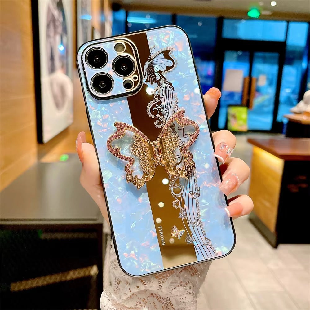 Luxury Apple iPhone Case, MagSafe Compatible, Camera Lens & Screen Protection, Ultra Thin, Shockproof, Magnetic Full All Around Cover – Butterfly Glitter Case with Metal Ring Holder & Full Lens Protection Glossy Finish