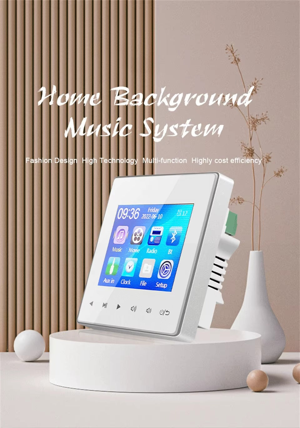 Premium Bluetooth Wall Amplifier for iPhone, 2.8" HD Touchscreen Music Control Panel, Smart Home Stereo System with FM, AUX, and Digital Audio