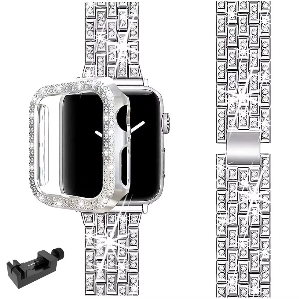 Luxury Glitter Metal Watch Band with Diamond Case – Sparkling Adjustable Strap and Protective Cover for 40mm to 49mm Smartwatch, Fashion Jewelry Style
