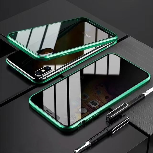 Premium Apple iPhone Case, MagSafe Compatible, Camera Lens & Screen Protection, Ultra Thin, Shockproof, Magnetic Full All Around Cover – 360° Magnetic Metal Case with Tempered Glass Privacy Screen & Anti-Spy Protection