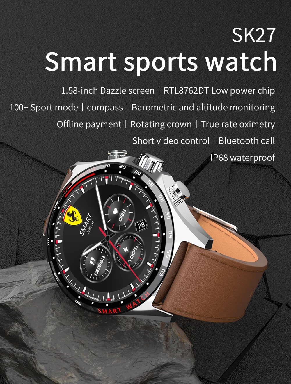 Robust Outdoor Smartwatch for iPhone – NFC Access Control, GPS Positioning, Compass, 400mAh Battery, IP68 Waterproof Fitness & Health Tracker for Men