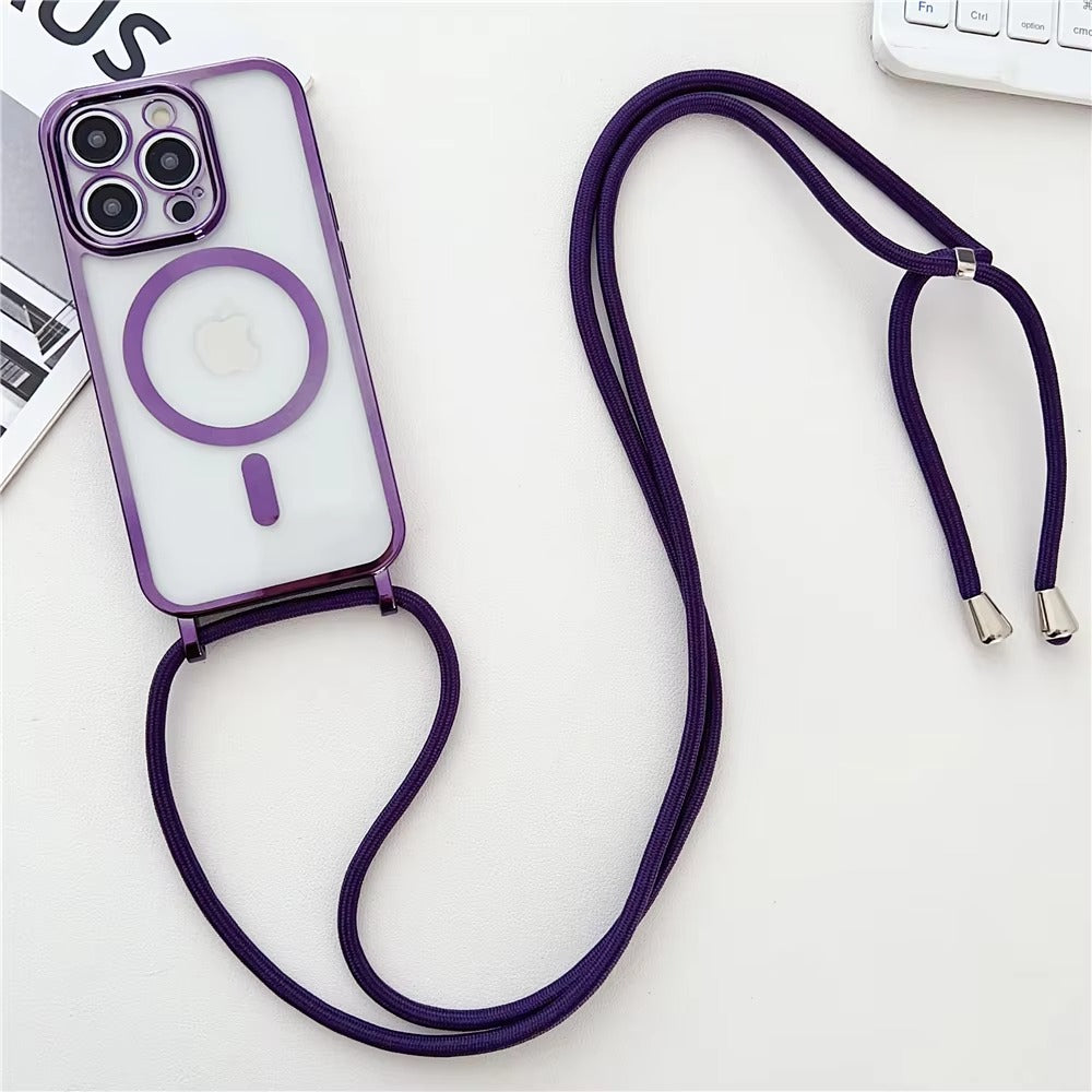 Luxury Apple iPhone Case, MagSafe Compatible, Camera Lens & Screen Protection, Ultra Thin, Shockproof, Magnetic Full All Around Cover – Clear Plating Soft Case with Necklace Lanyard Cord