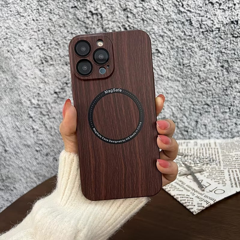 Premium Apple iPhone Case, MagSafe Compatible, Camera Lens and Screen Protection, Ultra Thin, Shockproof, Magnetic, Full All Around Protection, Wood Pattern Plastic Cover