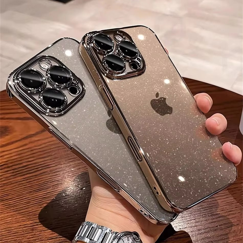 Luxury Apple iPhone Case, MagSafe Compatible, Camera Lens & Screen Protection, Ultra Thin, Shockproof, Magnetic Full All Around Cover – Transparent Glitter Slim Case with Electroplated Gold Bumper & Hard Plastic Back