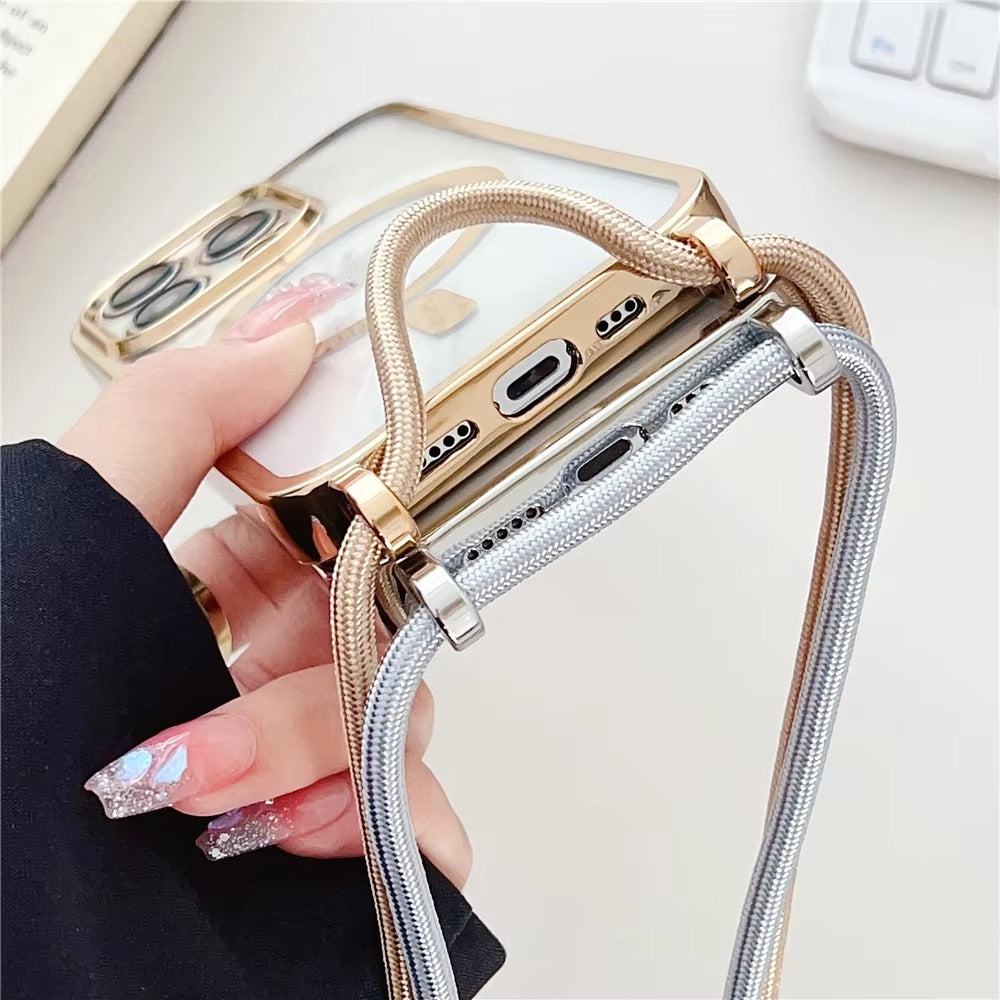 Luxury Apple iPhone Case, MagSafe Compatible, Camera Lens & Screen Protection, Ultra Thin, Shockproof, Magnetic Full All Around Cover – Clear Plating Soft Case with Necklace Lanyard Cord