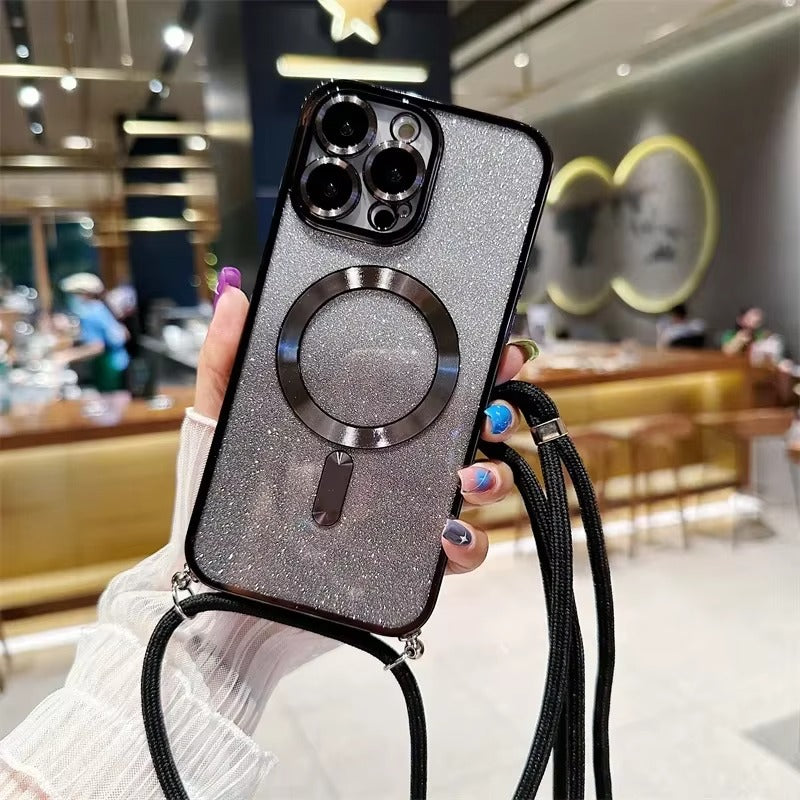 Premium Glitter Crossbody Apple iPhone Case, MagSafe Compatible, Ultra Thin Magnetic Shockproof Full Cover 