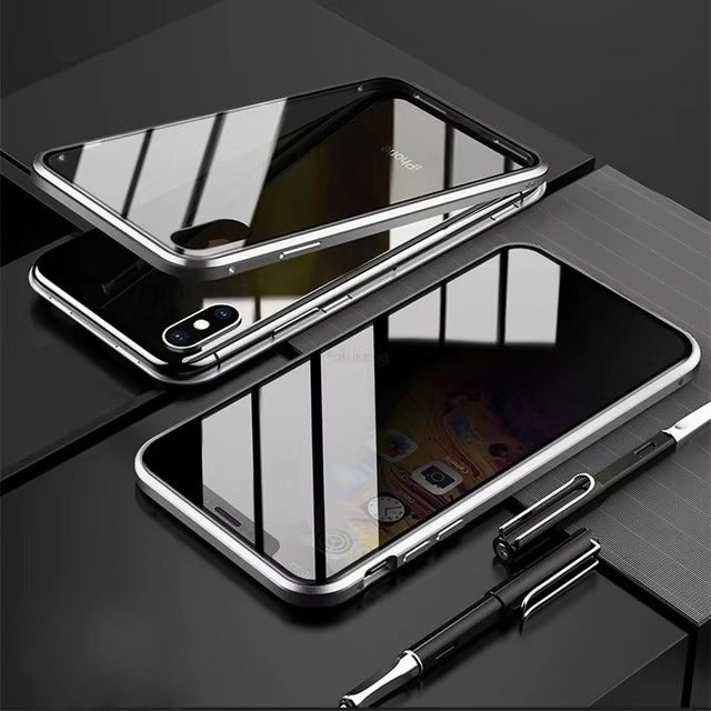 Premium Apple iPhone Case, MagSafe Compatible, Camera Lens & Screen Protection, Ultra Thin, Shockproof, Magnetic Full All Around Cover – 360° Magnetic Metal Case with Tempered Glass Privacy Screen & Anti-Spy Protection