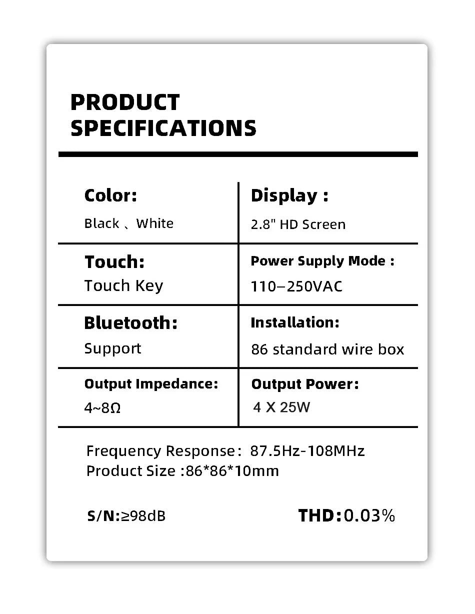 Premium Bluetooth Wall Amplifier for iPhone, 2.8" HD Touchscreen Music Control Panel, Smart Home Stereo System with FM, AUX, and Digital Audio