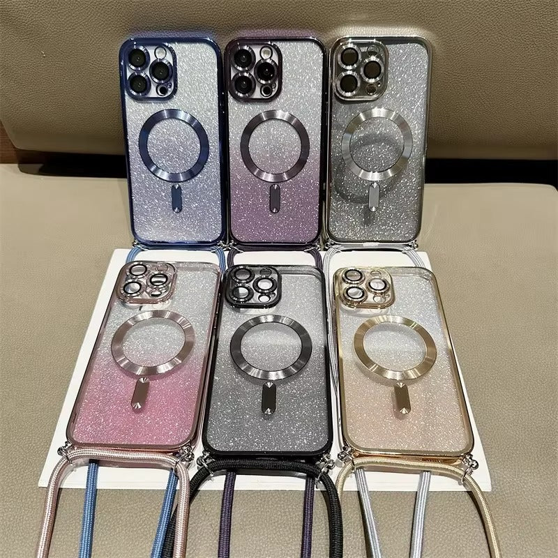 Luxury Apple iPhone Case, MagSafe Compatible, Camera Lens & Screen Protection, Ultra Thin, Shockproof, Magnetic Full All Around Cover – Glitter Crossbody Plating TPU Soft Back Case