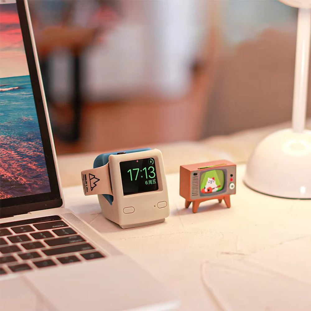 Premium Retro Charging Stand for Smartwatch – Desktop Silicone Dock Holder with Cable Slot, Nightstand Mode Compatible 