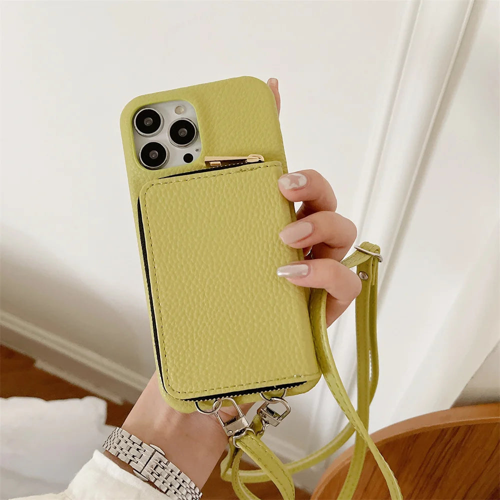 Luxury Zipper Wallet Crossbody iPhone Case – Leather Cover with , Shoulder Lanyard, and Full Protection for iPhone Models