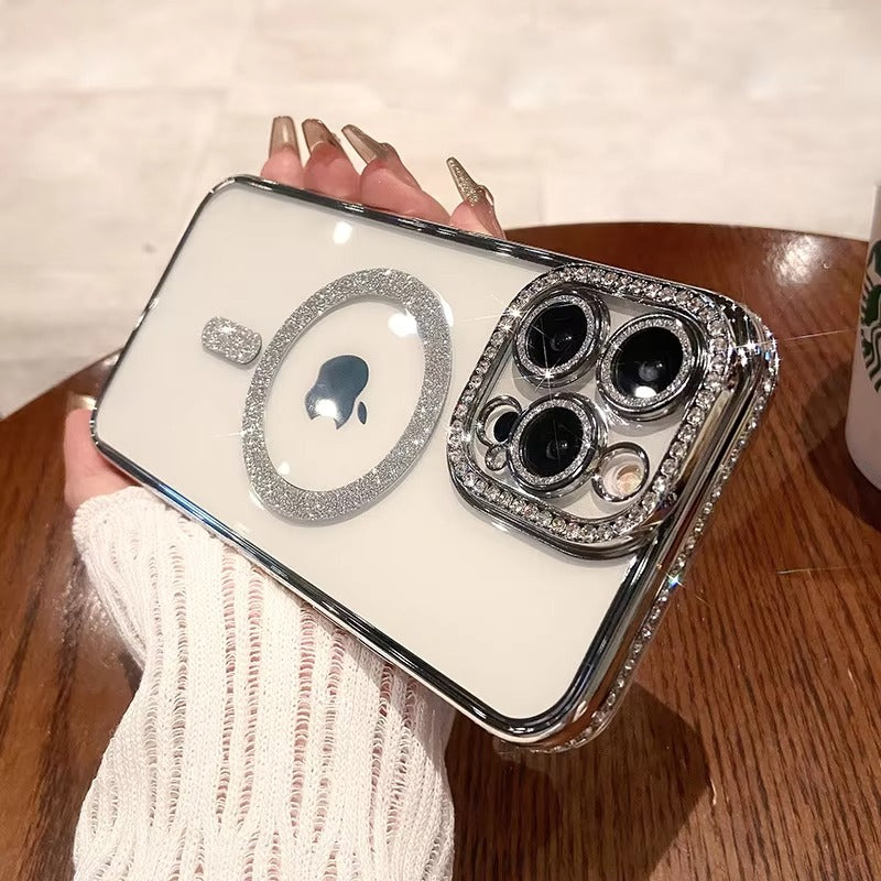 Luxury Pink Glitter Apple iPhone Case, MagSafe Compatible, Ultra Thin Magnetic Shockproof Full Protection Cover and Diamond Clear Plated Shell