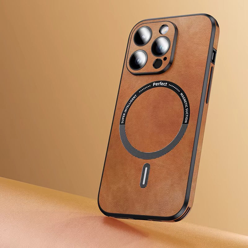 Premium MagSafe Leather iPhone Case with Magnetic Shockproof Design, Glass Lens Protector, Full Body Drop Defense, Slim Fit Luxury Cover for Apple Smartphones