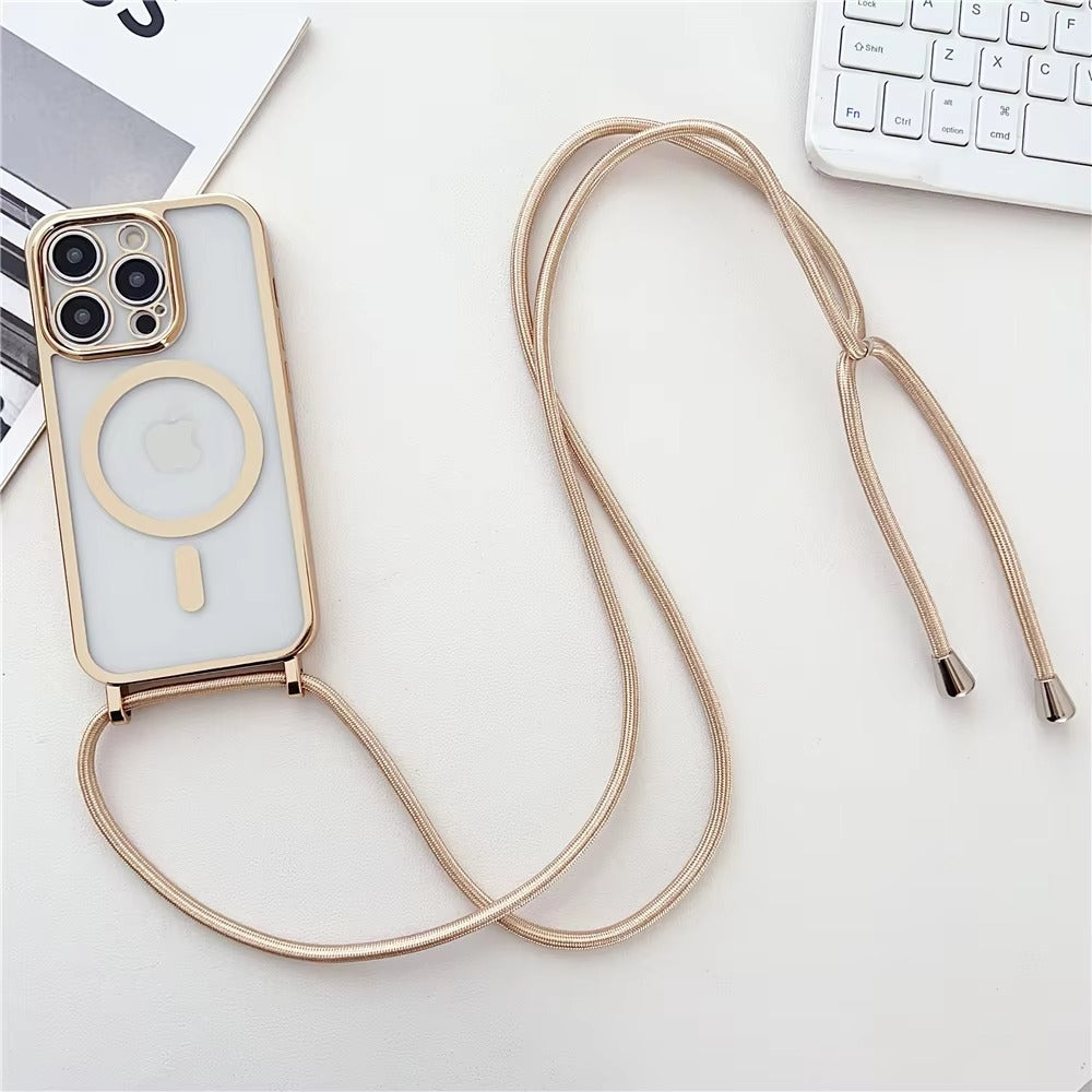 Luxury Apple iPhone Case, MagSafe Compatible, Camera Lens & Screen Protection, Ultra Thin, Shockproof, Magnetic Full All Around Cover – Clear Plating Soft Case with Necklace Lanyard Cord