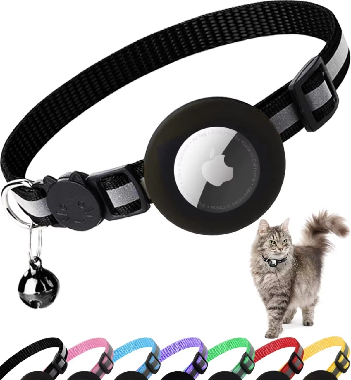 Premium Reflective Cat Collar with AirTag Holder – Adjustable Breakaway Design with Bell for Kittens and Small Pets 0.4" Wide