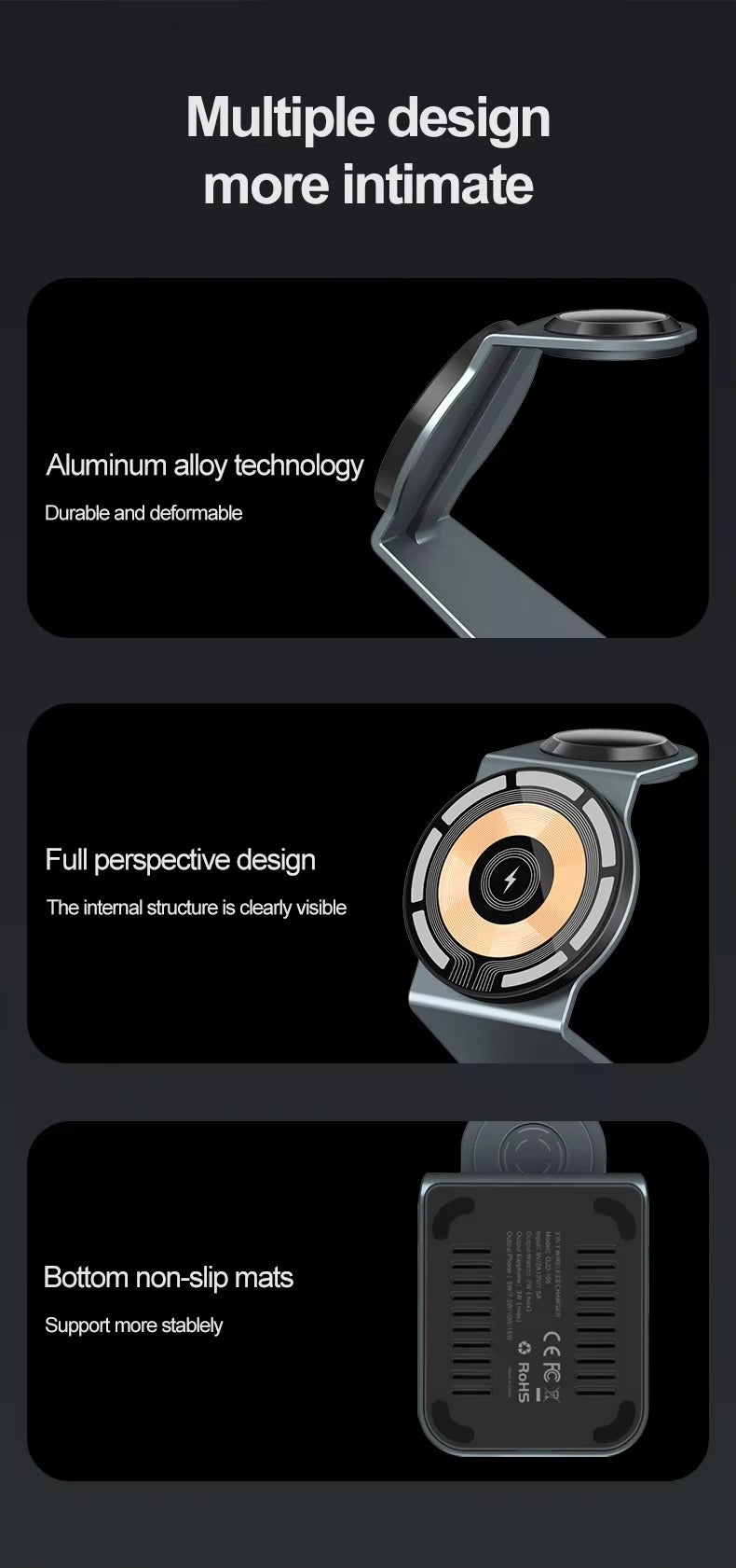 Luxury 3 in 1 Magnetic Wireless Charger Stand – Transparent Fast Charging Dock for iPhone, Apple Watch, AirPods with Aluminum Alloy Design, 15W Output
