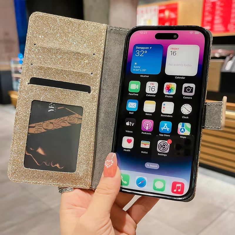 Luxury Apple iPhone Case, MagSafe Compatible, Camera Lens and Screen Protection, Ultra Thin, Shockproof, Magnetic, Full All Around Protection, Glitter Leather Wallet Cover