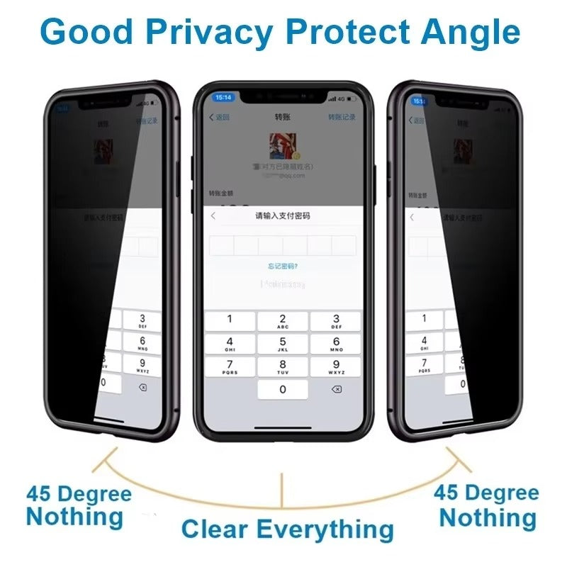 Premium Apple iPhone Case, MagSafe Compatible, Camera Lens & Screen Protection, Ultra Thin, Shockproof, Magnetic Full All Around Cover – 360° Magnetic Metal Case with Tempered Glass Privacy Screen & Anti-Spy Protection
