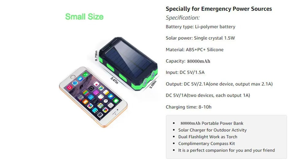 Robust 80000mAh Solar Power Bank – Portable Waterproof Charger with Dual USB, Strong LED Flashlight, Digital Display, Compass & Outdoor Emergency Features