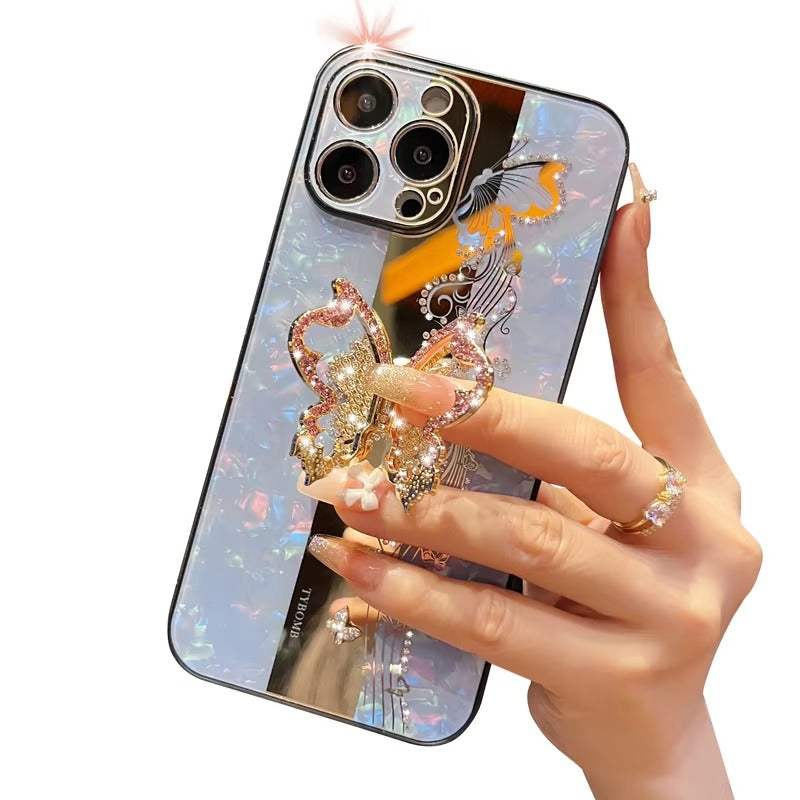 Luxury Apple iPhone Case, MagSafe Compatible, Camera Lens & Screen Protection, Ultra Thin, Shockproof, Magnetic Full All Around Cover – Butterfly Glitter Case with Metal Ring Holder & Full Lens Protection Glossy Finish