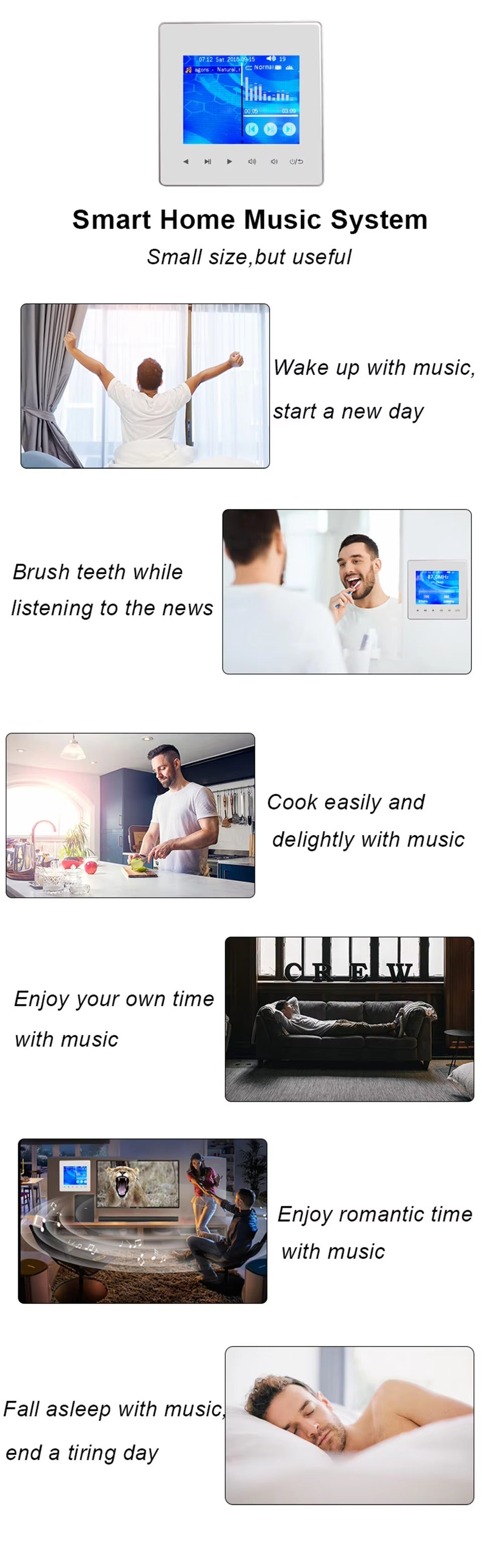 Premium Bluetooth Wall Amplifier for iPhone, 2.8" HD Touchscreen Music Control Panel, Smart Home Stereo System with FM, AUX, and Digital Audio