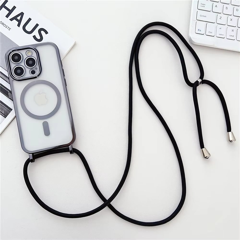 Luxury Apple iPhone Case, MagSafe Compatible, Camera Lens & Screen Protection, Ultra Thin, Shockproof, Magnetic Full All Around Cover – Clear Plating Soft Case with Necklace Lanyard Cord