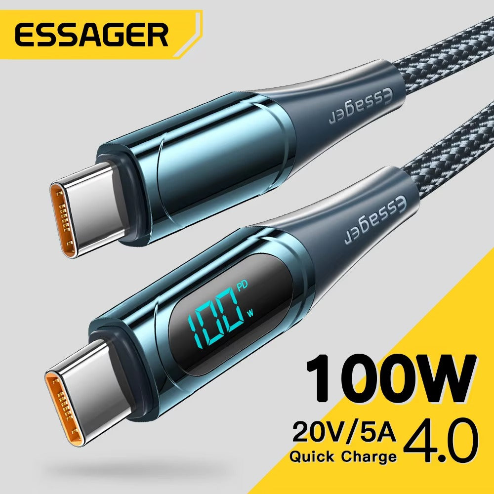 High Power 100W USB-C to USB-C Cable – Fast Charging 5A PD Charger Cord with LED Display, 480Mbps Data Transfer, 1m/2m Nylon Braided Wire for Laptop & Phone