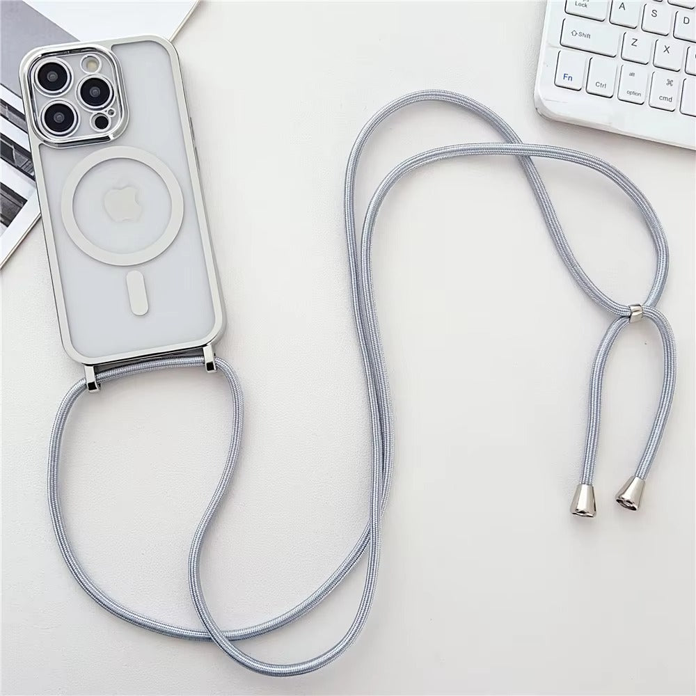 Luxury Apple iPhone Case, MagSafe Compatible, Camera Lens & Screen Protection, Ultra Thin, Shockproof, Magnetic Full All Around Cover – Clear Plating Soft Case with Necklace Lanyard Cord