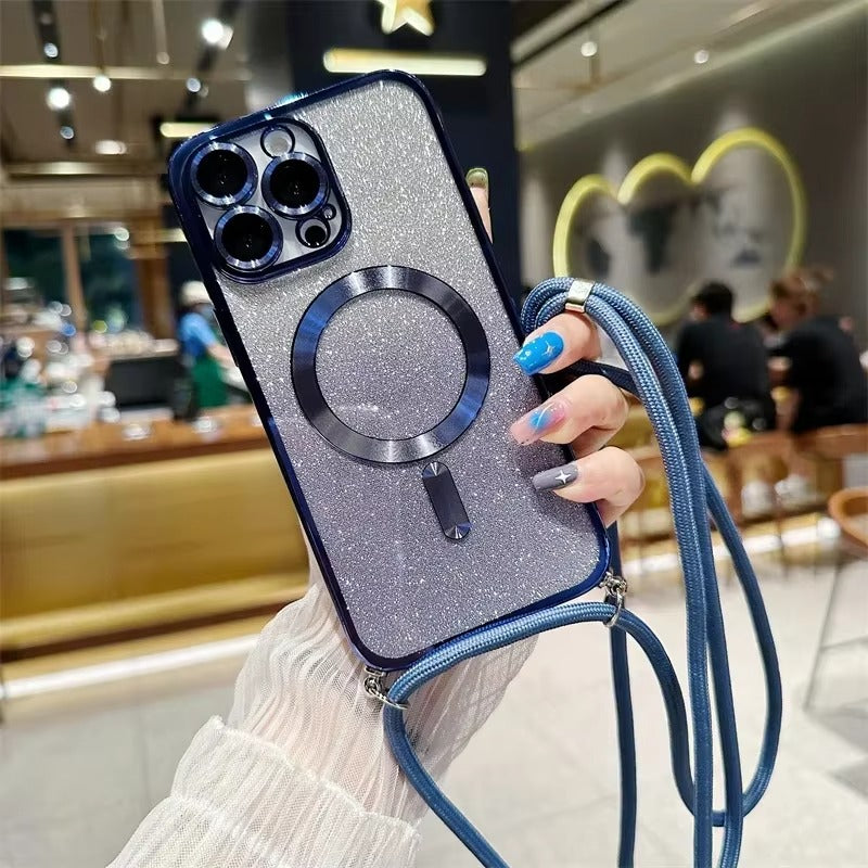 Premium Glitter Crossbody Apple iPhone Case, MagSafe Compatible, Ultra Thin Magnetic Shockproof Full Cover 
