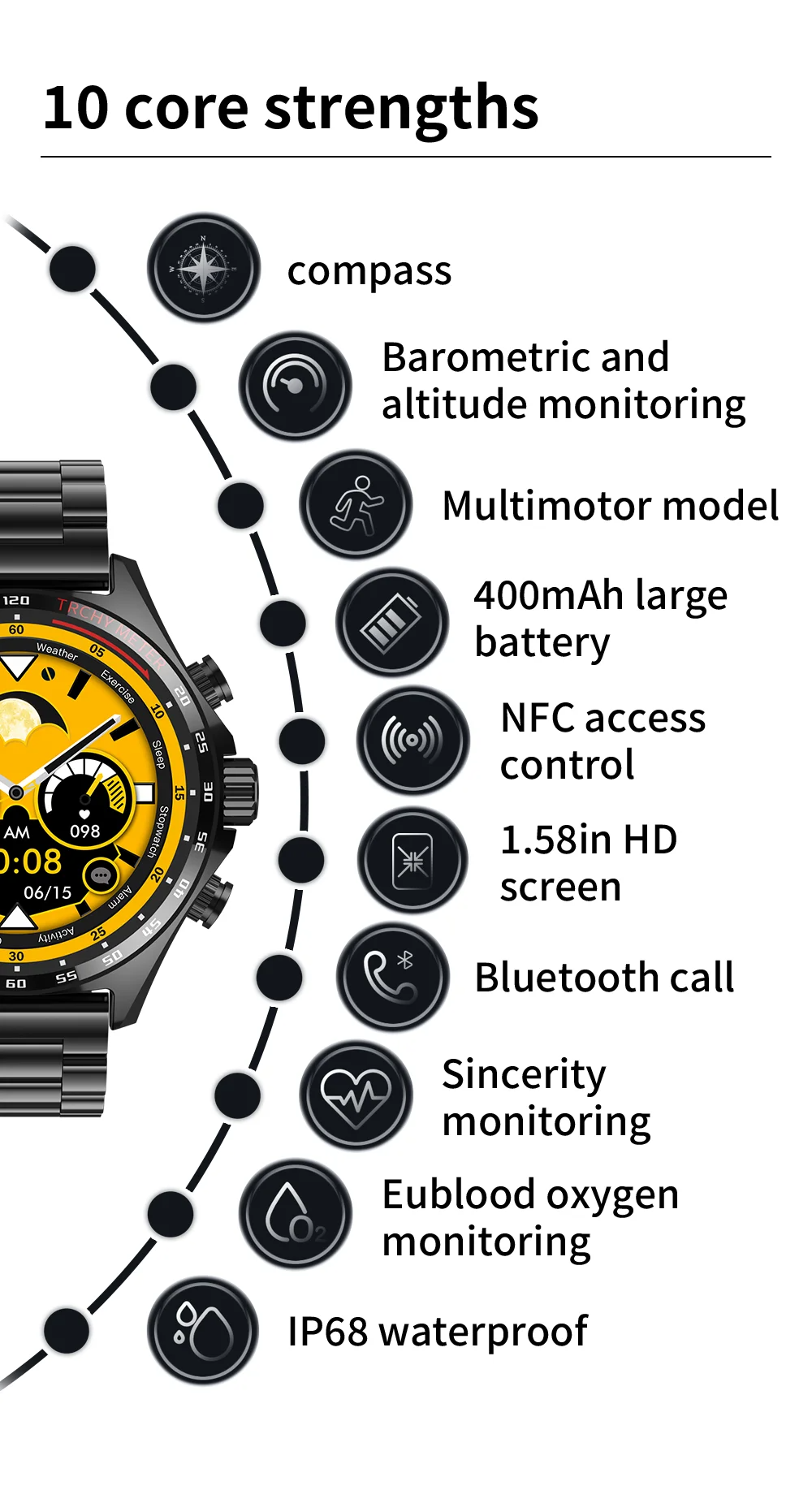 Robust Outdoor Smartwatch for iPhone – NFC Access Control, GPS Positioning, Compass, 400mAh Battery, IP68 Waterproof Fitness & Health Tracker for Men