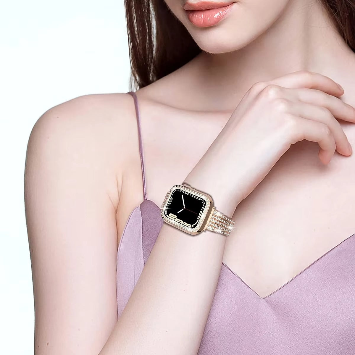 Luxury Glitter Metal Watch Band with Diamond Case – Sparkling Adjustable Strap and Protective Cover for 40mm to 49mm 