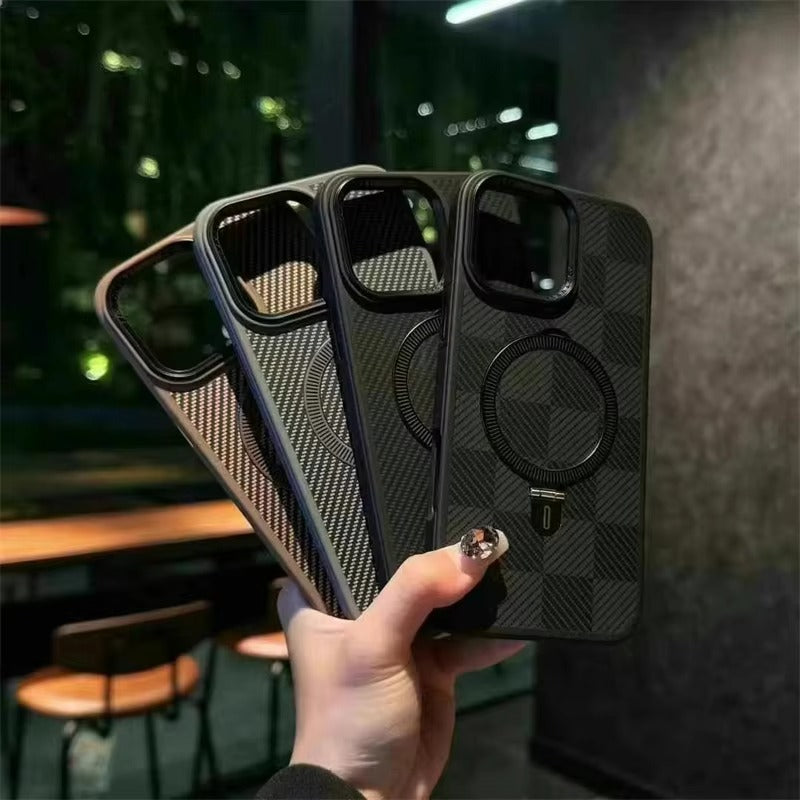 Premium Apple iPhone Case, MagSafe Compatible, Camera Lens & Screen Protection, Ultra Thin, Shockproof, Magnetic Full All Around Cover – Kevlar Carbon Fiber Texture Case with Magnetic Holder & Shockproof Back Design