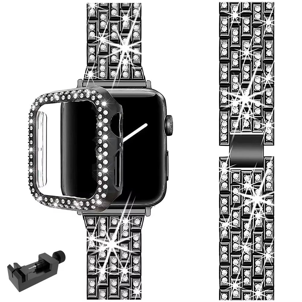 Luxury Glitter Metal Watch Band with Diamond Case – Sparkling Adjustable Strap and Protective Cover for 40mm to 49mm Smartwatch, Fashion Jewelry Style