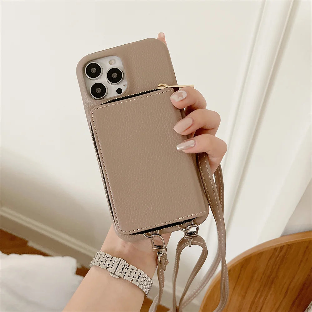 Luxury Zipper Wallet Crossbody iPhone Case – Leather Cover with , Shoulder Lanyard, and Full Protection for iPhone Models