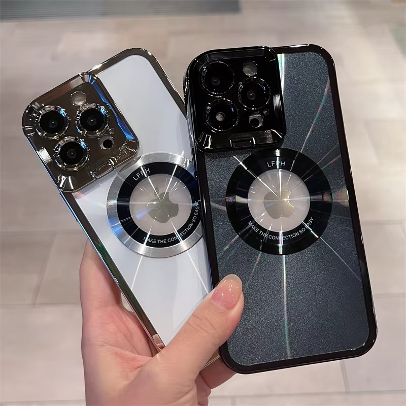 Aurora MagSafe iPhone Case - Plating CD Pattern, Logo Hole Design, Stand Bracket, Magnetic Wireless Charging Case for iPhone