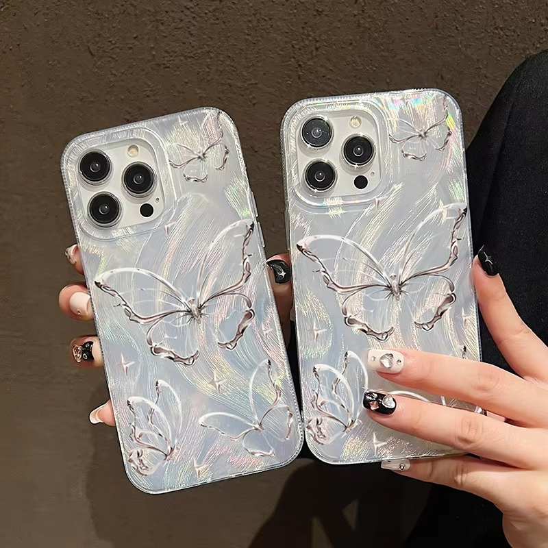 Luxury Apple iPhone Case, MagSafe Compatible, Camera Lens and Screen Protection, Ultra Thin, Shockproof, Magnetic, Full All Around Protection, Laser Silver Butterfly Cover