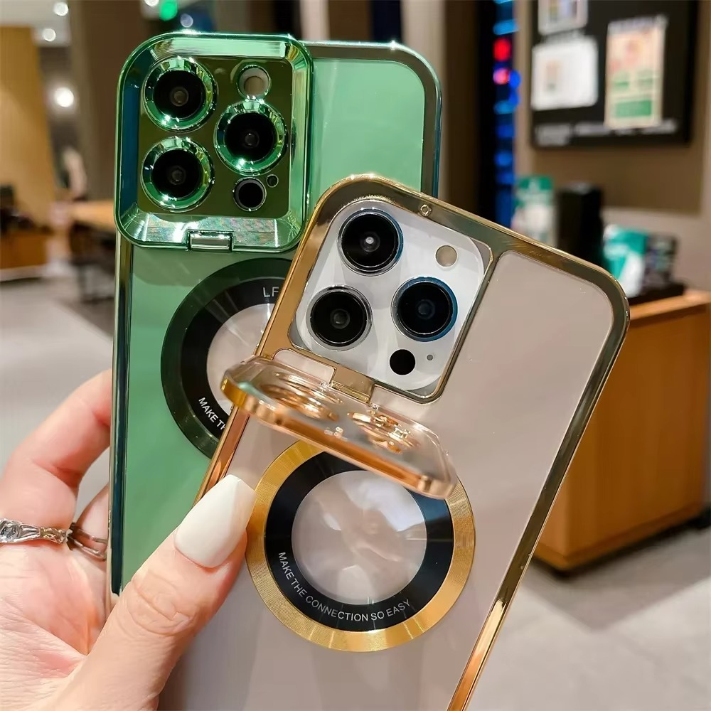 Aurora MagSafe iPhone Case - Plating CD Pattern, Logo Hole Design, Stand Bracket, Magnetic Wireless Charging Case for iPhone