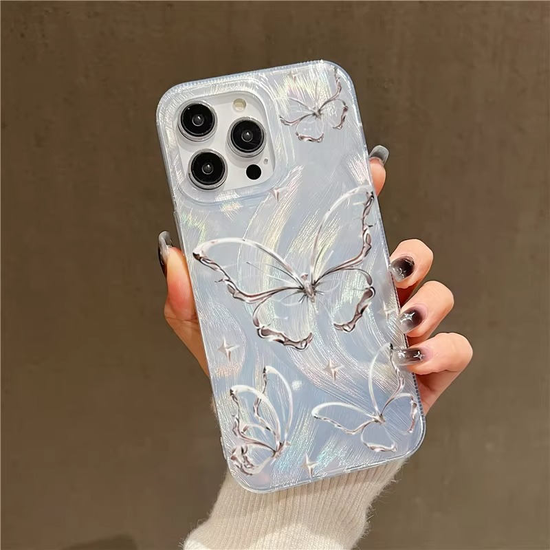 Luxury Apple iPhone Case, MagSafe Compatible, Camera Lens and Screen Protection, Ultra Thin, Shockproof, Magnetic, Full All Around Protection, Laser Silver Butterfly Cover