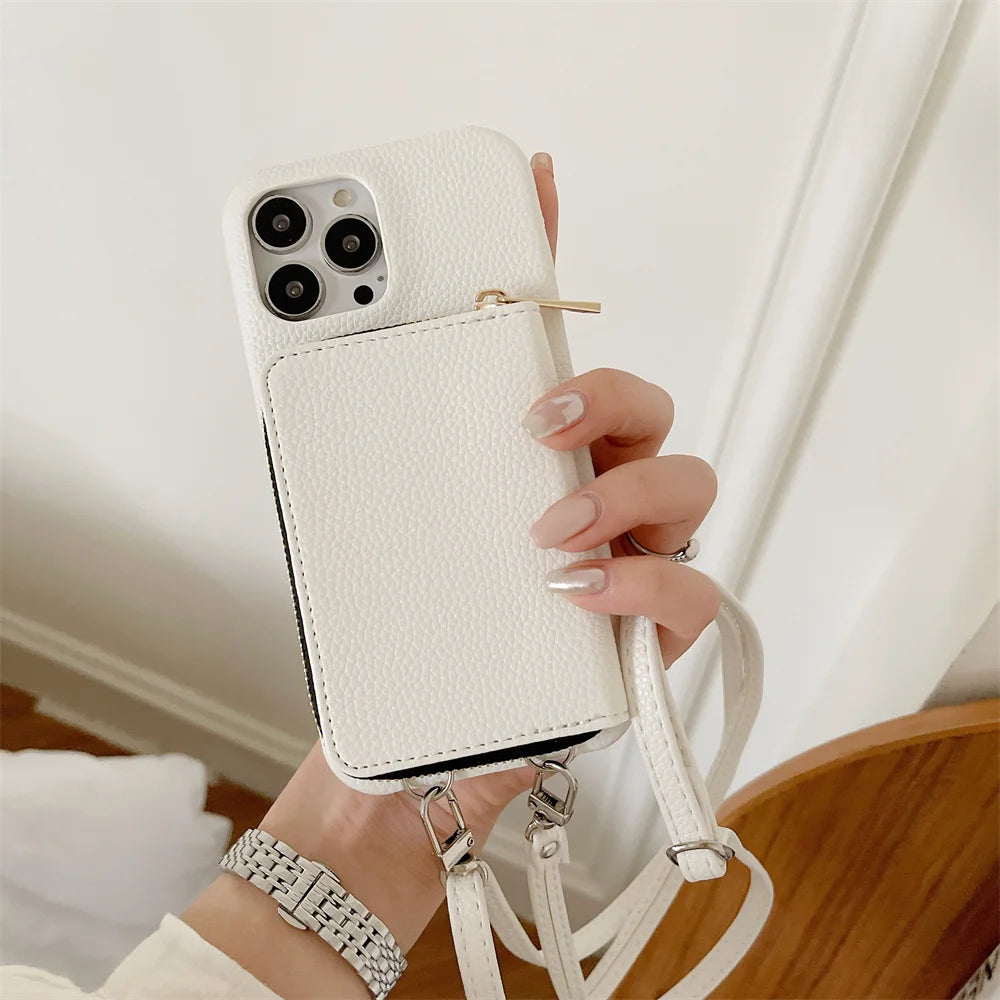 Luxury Zipper Wallet Crossbody iPhone Case – Leather Cover with , Shoulder Lanyard, and Full Protection for iPhone Models