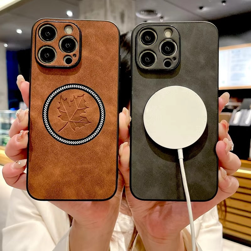 Premium Retro Leather Maple Leaf iPhone Case – MagSafe Charging, Stylish & Durable Full Protection Cover | Case for iPhone