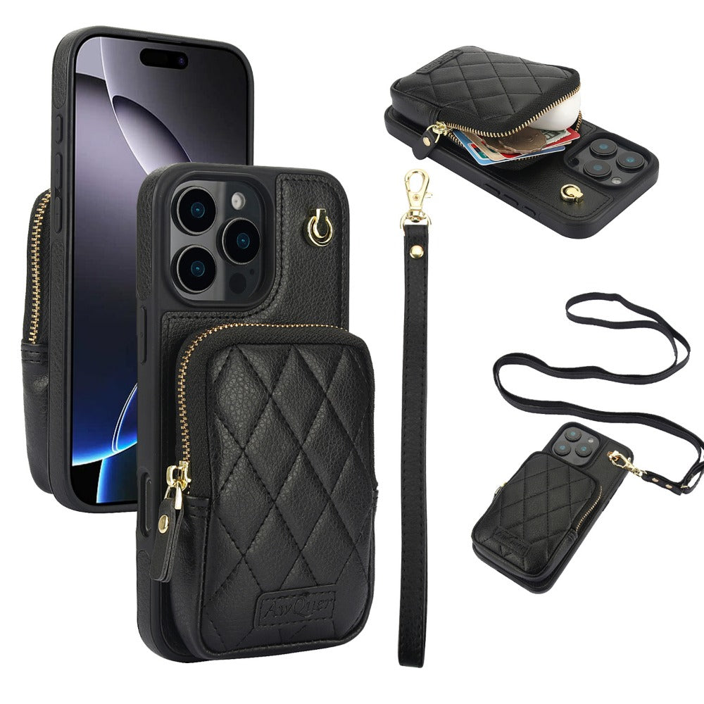 Luxury Crossbody Lanyard iPhone Case – Zipper Wallet Leather Cover with Card Holder, and Full Protection for iPhone Models