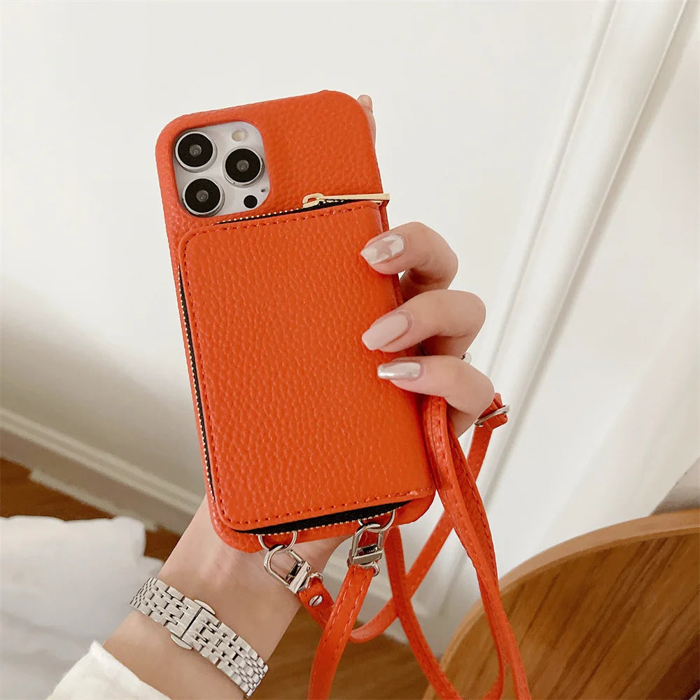 Luxury Zipper Wallet Crossbody iPhone Case – Leather Cover with , Shoulder Lanyard, and Full Protection for iPhone Models