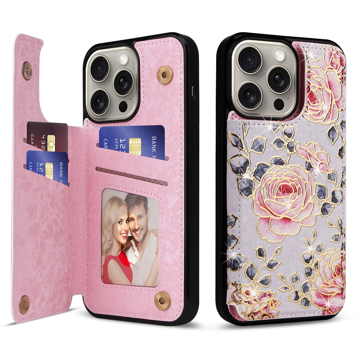 Hot Stamped Floral Wallet iPhone Case – Card Slots Magnetic Closure, Elegant Leather Design, Shockproof Protection for iPhone
